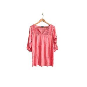 Addition Elle Peasant Blouse Coral Flowy Top Crochet Embroidery Women's Plus 14